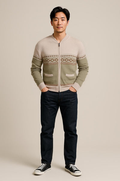 Men's Classic Grandad Cardigan Thick Winter Knitwear Jumper with Full Zip Closure, 2 Front Pockets, and Neutral Colours Quality Zipper Front Design