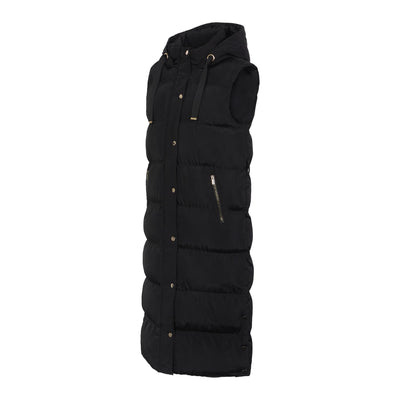 Womens Hooded Long Gilet Body Warmer Sleeveless Jacket Padded Waist Coat Zip Pockets Ultra Warm Ladies Longline Jacket with Hood
