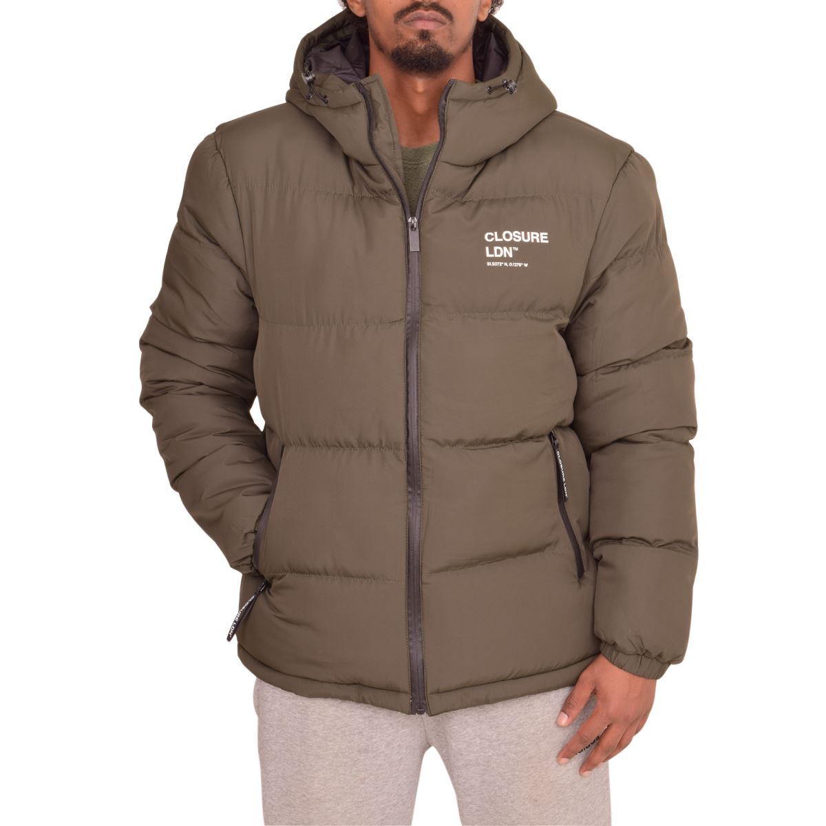 Closure London Mens Hooded Padded Quilted Warm Winter Jacket Khaki Green Coat Zip Pockets