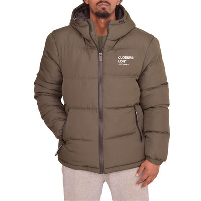 Closure London Mens Hooded Padded Quilted Warm Winter Jacket Khaki Green Coat Zip Pockets