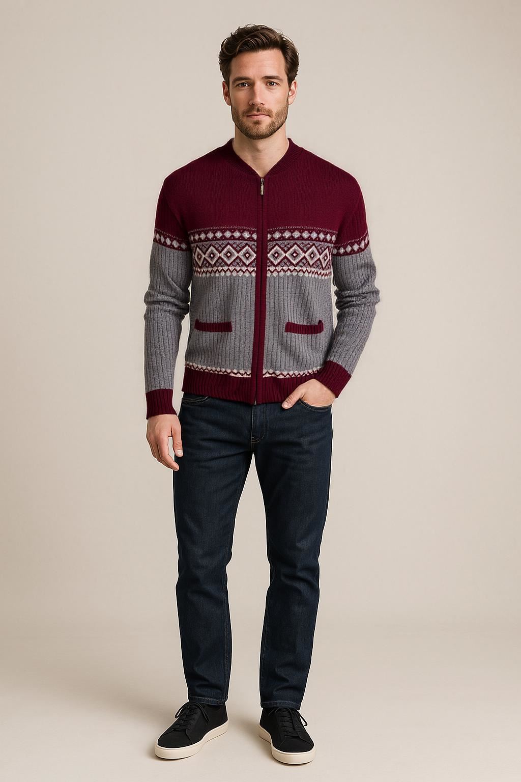 Men's Classic Grandad Cardigan Thick Winter Knitwear Jumper with Full Zip Closure, 2 Front Pockets, and Neutral Colours Quality Zipper Front Design