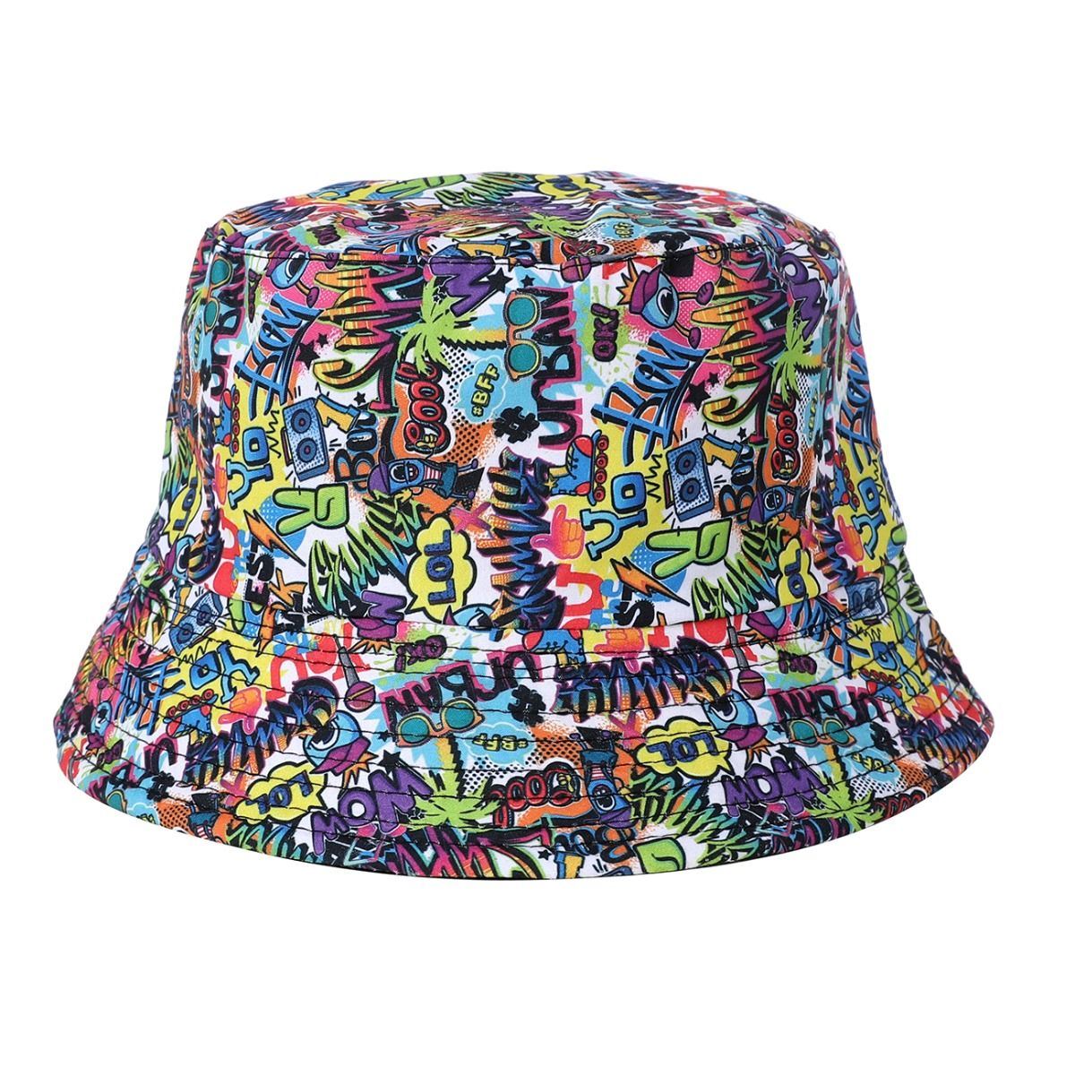 Cartoon Print Bucket Hat Colourful Urban Graffiti Summer Festival Sun Holiday