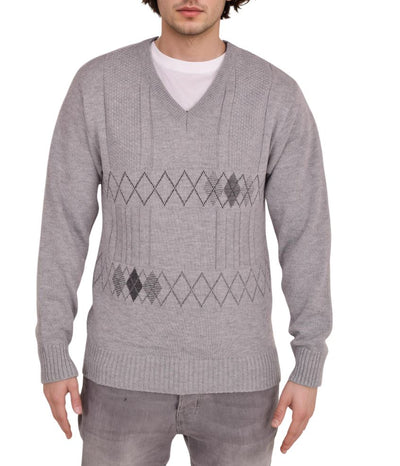 Men's Heavyweight Argyle Knitted Sweater Classic V-Neck Warm Pullover Jumper with Thick Diamond Design Smart Winter Wear