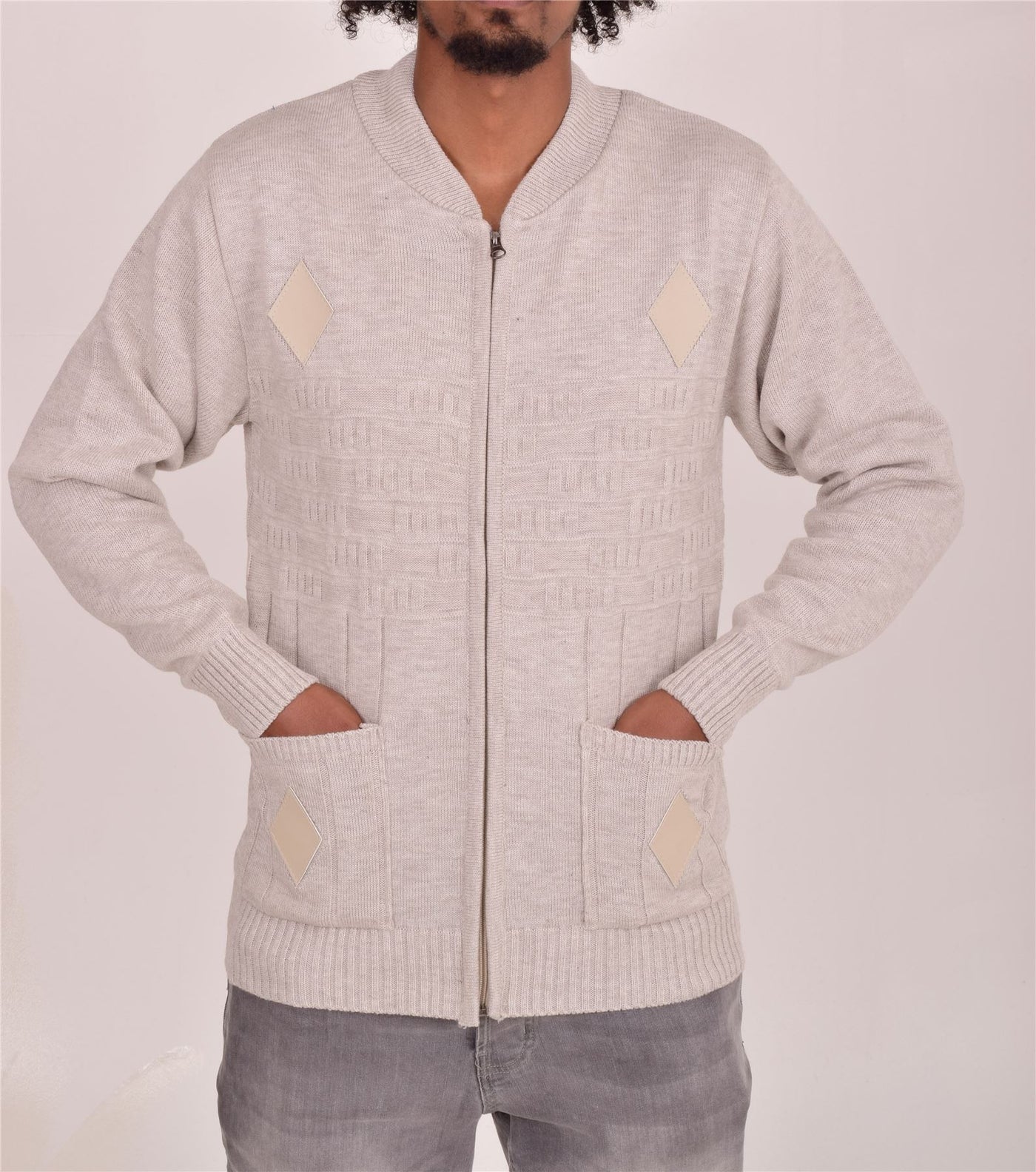 Men's Classic Grandad Jumper  Thick Winter Knitwear with Full Zip Closure, 2 Front Pockets, and Neutral Colours  Quality Zipper Front Design