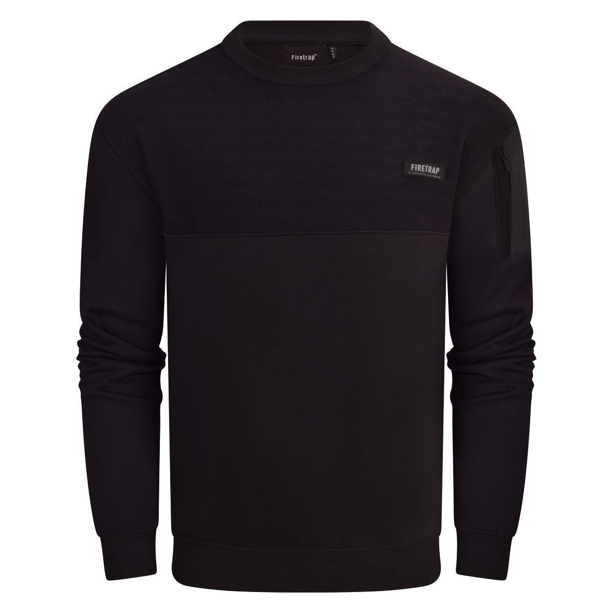 Firetrap Mens Designer Cotton Crew Neck Classic Logo Knitted Sweatshirt Jumper Smart Casual Fleece Sweat Top with Zip Arm Pocket