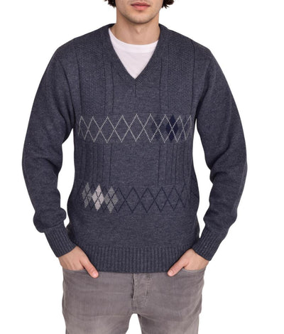 Men's Heavyweight Argyle Knitted Sweater Classic V-Neck Warm Pullover Jumper with Thick Diamond Design Smart Winter Wear