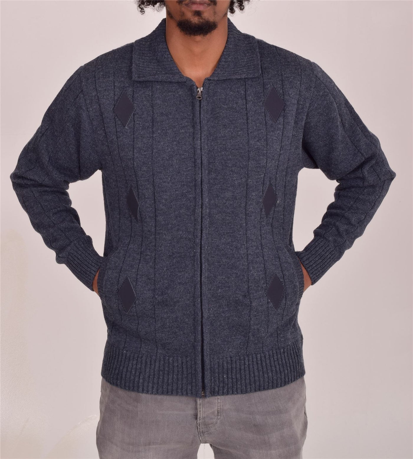 Men's Classic Thick Knitted Cardigan  Full Zip Front Closure Jumper with Pockets and Collared Design  Winter Knitwear