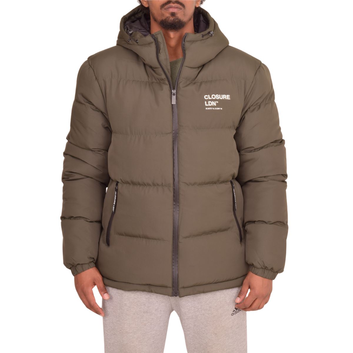 Closure London Mens Hooded Padded Quilted Warm Winter Jacket Khaki Green Coat Zip Pockets