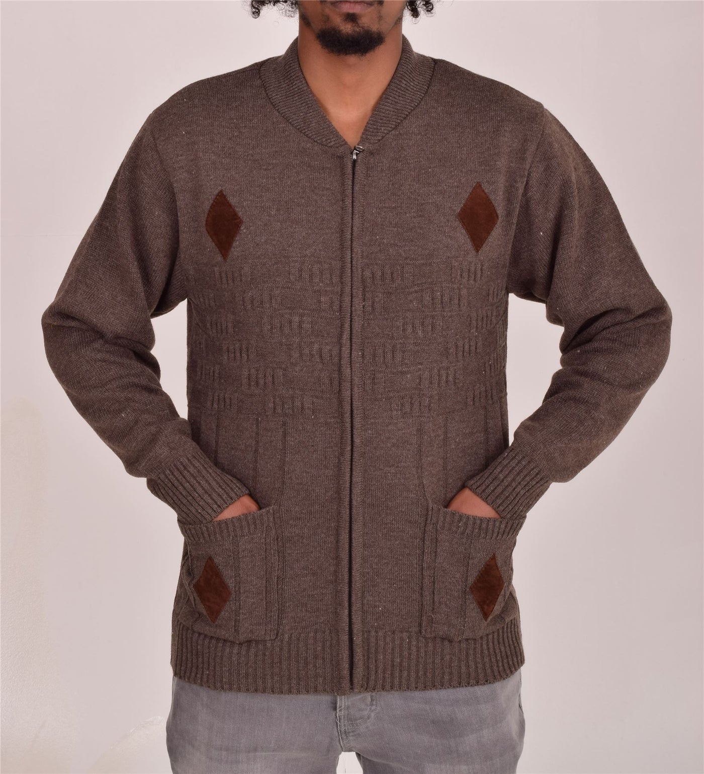 Men's Classic Grandad Jumper  Thick Winter Knitwear with Full Zip Closure, 2 Front Pockets, and Neutral Colours  Quality Zipper Front Design