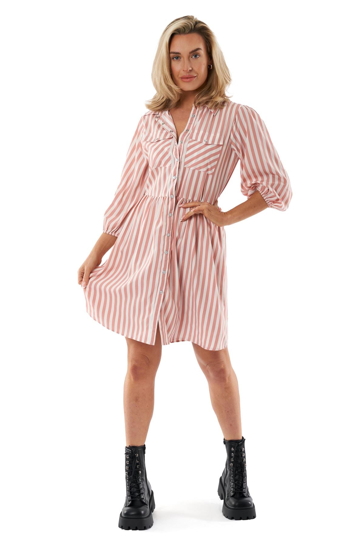 Hooch Womens Summer Mini Shirt Dress Patterned Button-Through 3/4 Sleeve Pockets