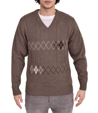 Men's Heavyweight Argyle Knitted Sweater Classic V-Neck Warm Pullover Jumper with Thick Diamond Design Smart Winter Wear