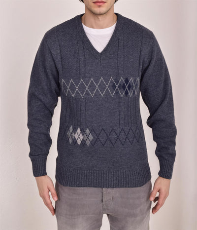 Men's Heavyweight Argyle Knitted Sweater Classic V-Neck Warm Pullover Jumper with Thick Diamond Design Smart Winter Wear