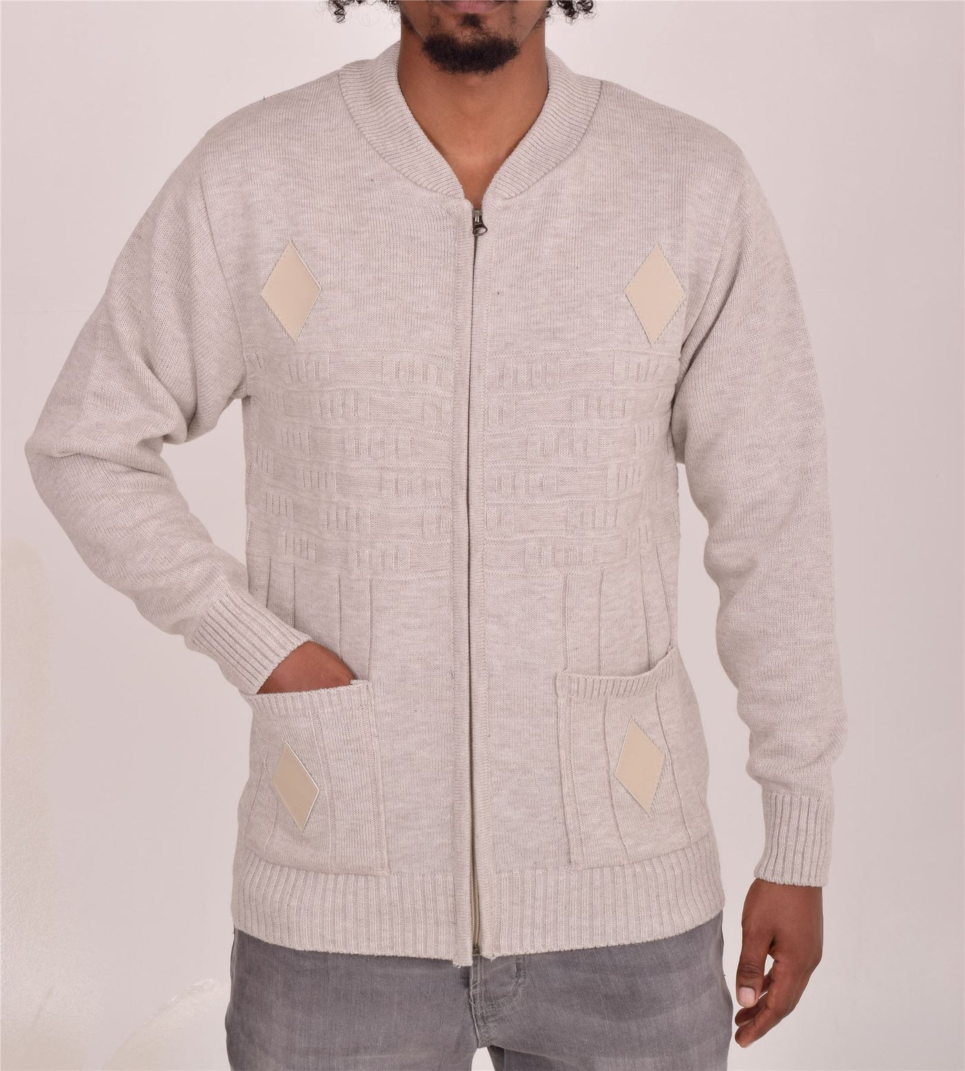 Men's Classic Grandad Jumper  Thick Winter Knitwear with Full Zip Closure, 2 Front Pockets, and Neutral Colours  Quality Zipper Front Design