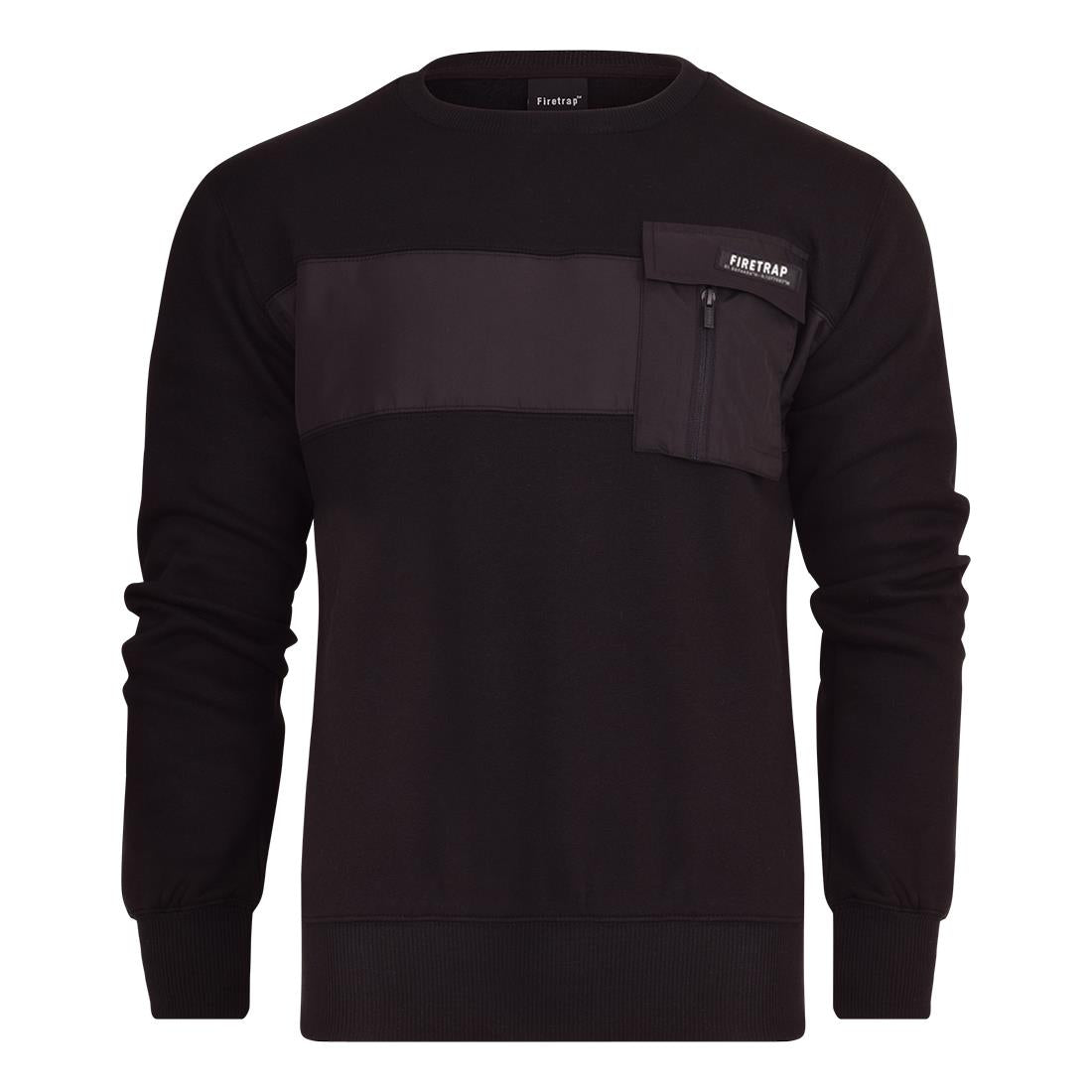 Firetrap Mens Designer Classic Crew Neck Knitted Sweatshirt Jumper Smart Casual Fleece Sweat Top with Zip Chest Pocket