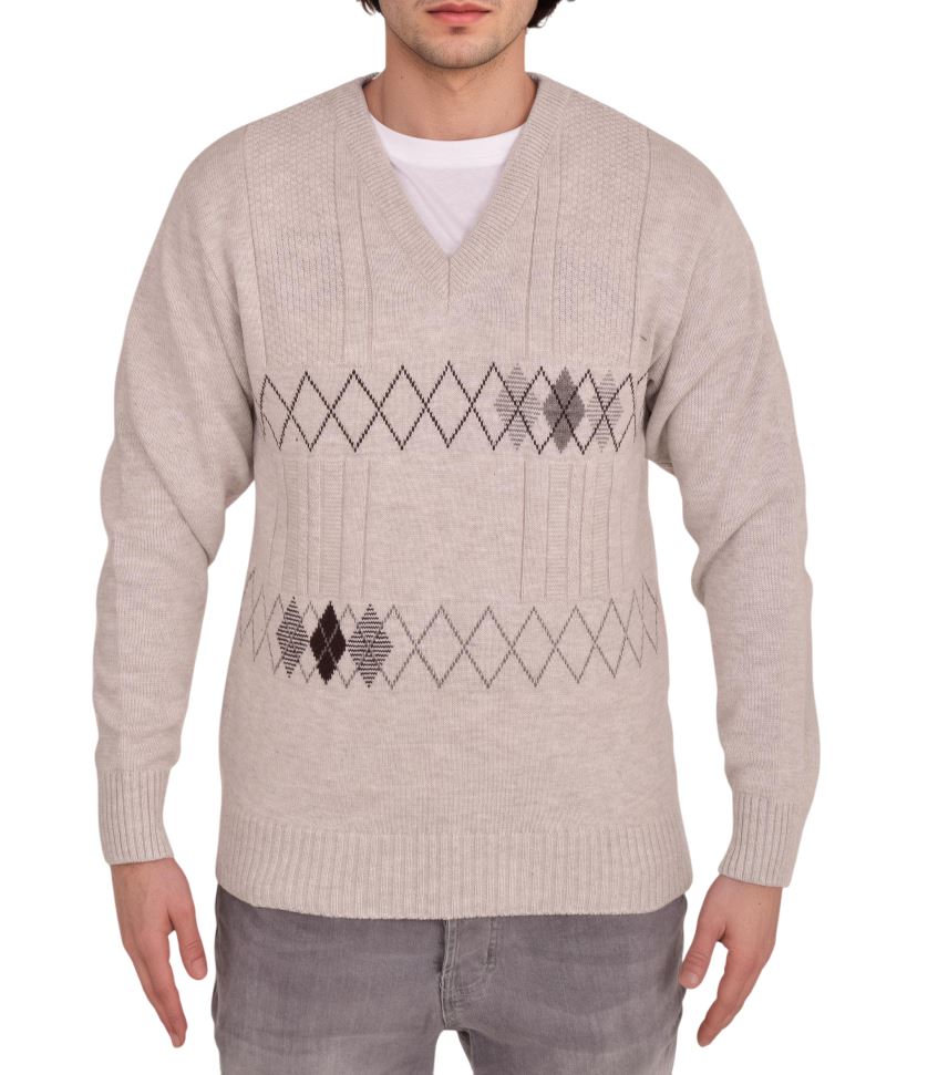 Men's Heavyweight Argyle Knitted Sweater Classic V-Neck Warm Pullover Jumper with Thick Diamond Design Smart Winter Wear