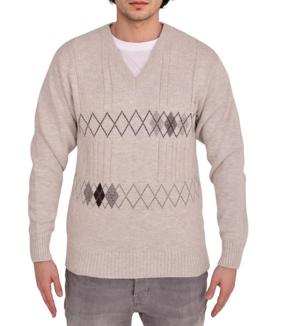 Men's Heavyweight Argyle Knitted Sweater Classic V-Neck Warm Pullover Jumper with Thick Diamond Design Smart Winter Wear