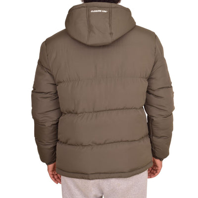 Closure London Mens Hooded Padded Quilted Warm Winter Jacket Khaki Green Coat Zip Pockets