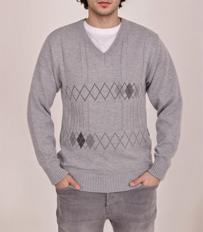 Men's Heavyweight Argyle Knitted Sweater Classic V-Neck Warm Pullover Jumper with Thick Diamond Design Smart Winter Wear