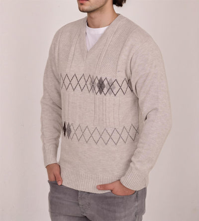 Men's Heavyweight Argyle Knitted Sweater Classic V-Neck Warm Pullover Jumper with Thick Diamond Design Smart Winter Wear