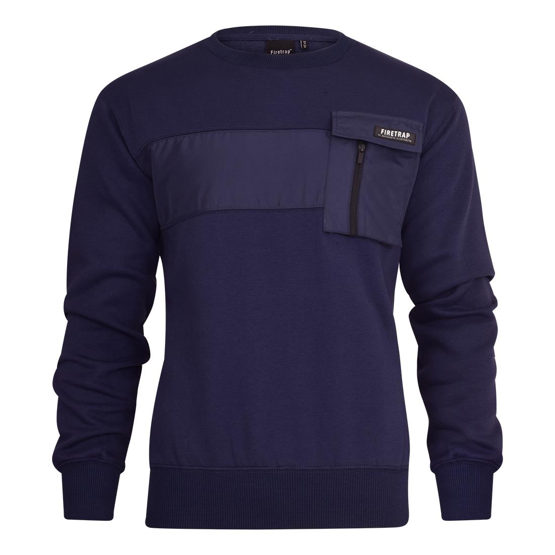 Firetrap Mens Designer Classic Crew Neck Knitted Sweatshirt Jumper Smart Casual Fleece Sweat Top with Zip Chest Pocket