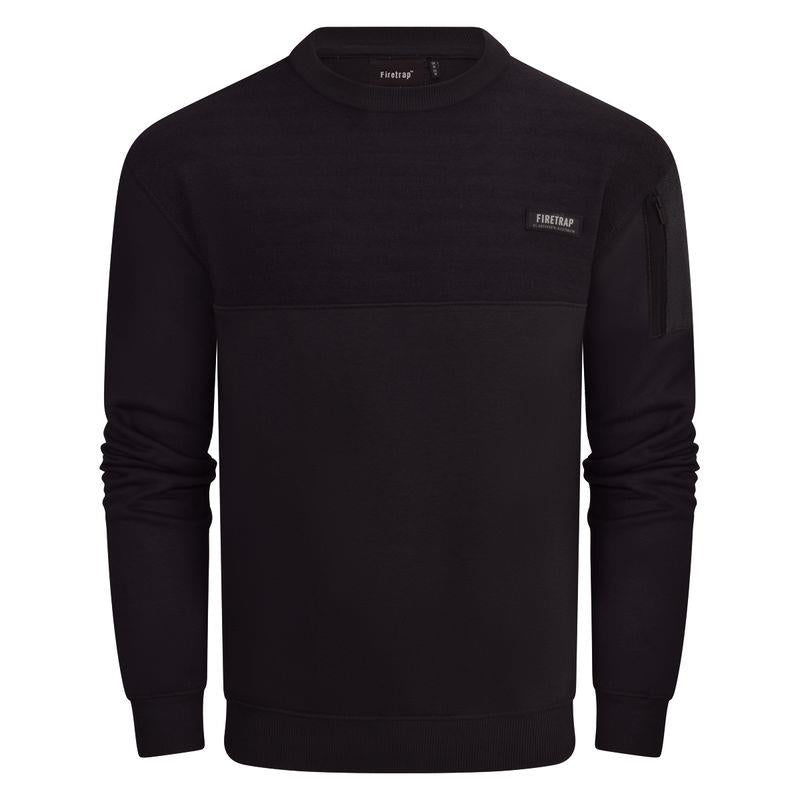 Firetrap Mens Designer Cotton Crew Neck Classic Logo Knitted Sweatshirt Jumper Smart Casual Fleece Sweat Top with Zip Arm Pocket