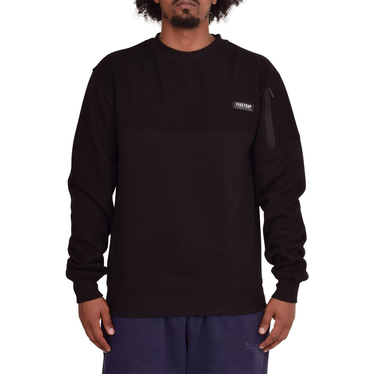 Firetrap Mens Designer Cotton Crew Neck Classic Logo Knitted Sweatshirt Jumper Smart Casual Fleece Sweat Top with Zip Arm Pocket