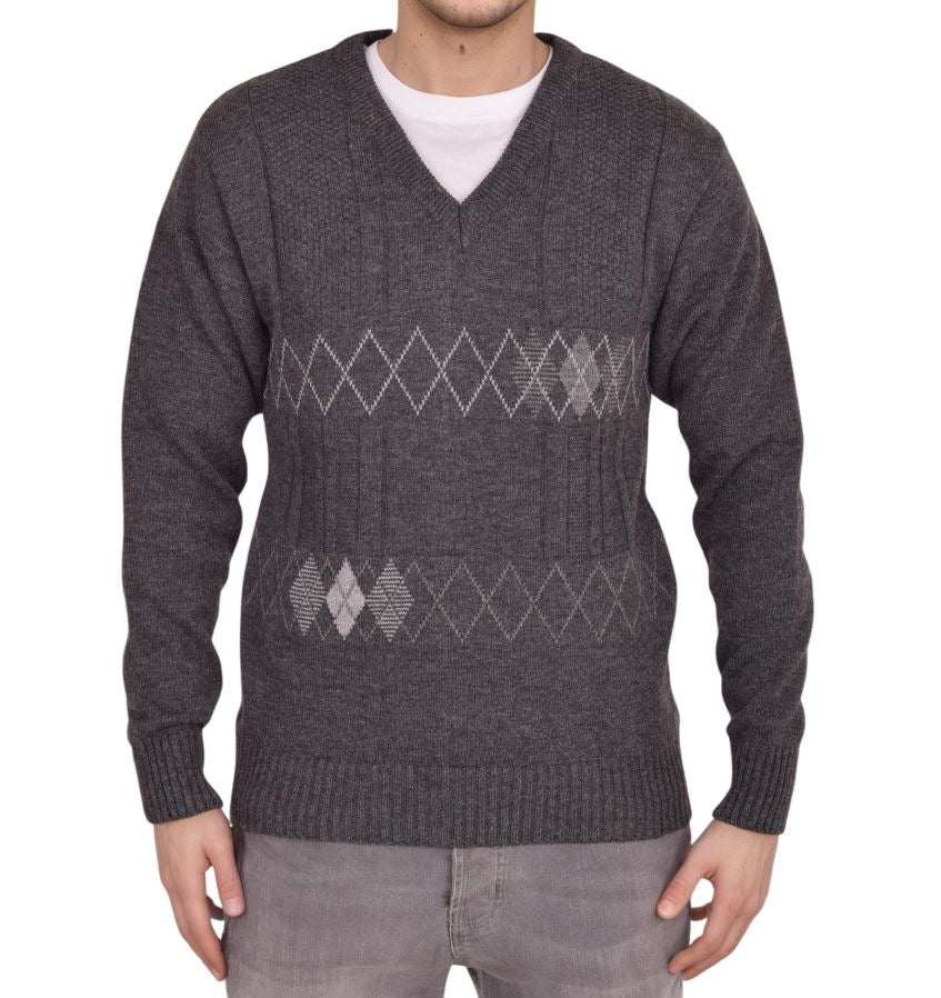 Men's Heavyweight Argyle Knitted Sweater Classic V-Neck Warm Pullover Jumper with Thick Diamond Design Smart Winter Wear