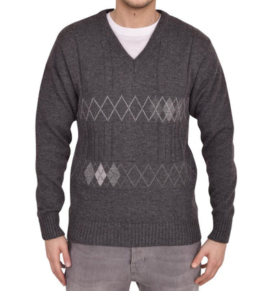 Men's Heavyweight Argyle Knitted Sweater Classic V-Neck Warm Pullover Jumper with Thick Diamond Design Smart Winter Wear