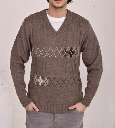 Men's Heavyweight Argyle Knitted Sweater Classic V-Neck Warm Pullover Jumper with Thick Diamond Design Smart Winter Wear