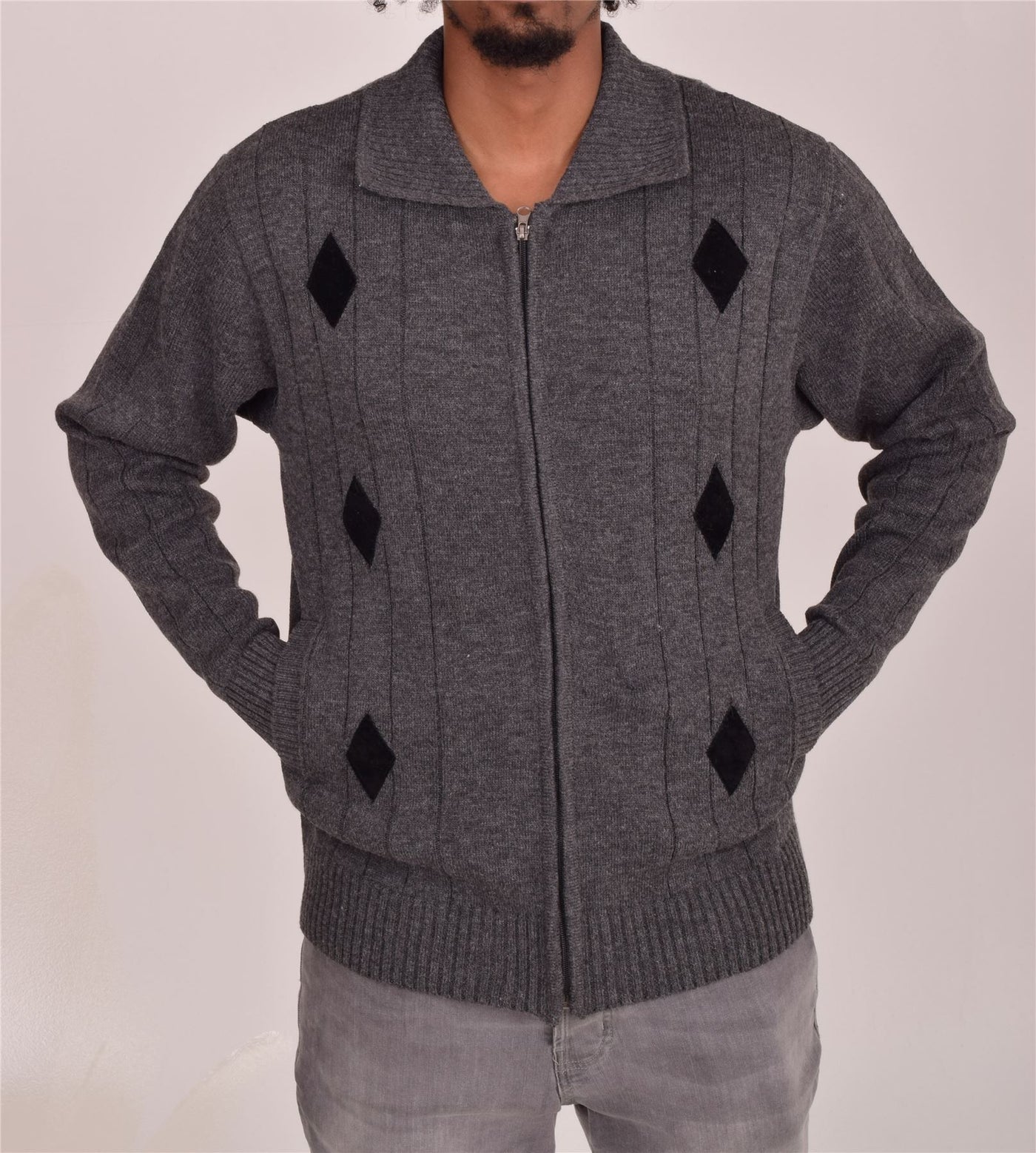 Men's Classic Thick Knitted Cardigan  Full Zip Front Closure Jumper with Pockets and Collared Design  Winter Knitwear