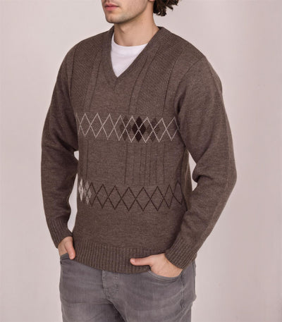 Men's Heavyweight Argyle Knitted Sweater Classic V-Neck Warm Pullover Jumper with Thick Diamond Design Smart Winter Wear