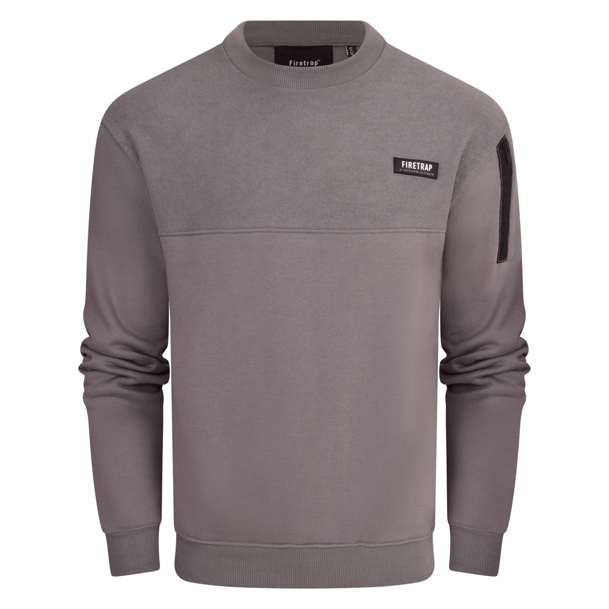 Firetrap Mens Designer Cotton Crew Neck Classic Logo Knitted Sweatshirt Jumper Smart Casual Fleece Sweat Top with Zip Arm Pocket