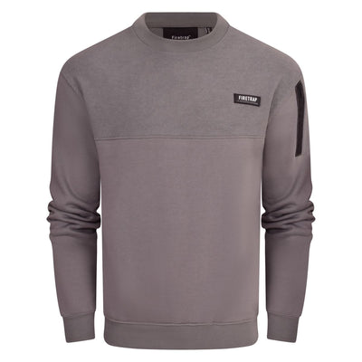 Firetrap Mens Designer Cotton Crew Neck Classic Logo Knitted Sweatshirt Jumper Smart Casual Fleece Sweat Top with Zip Arm Pocket