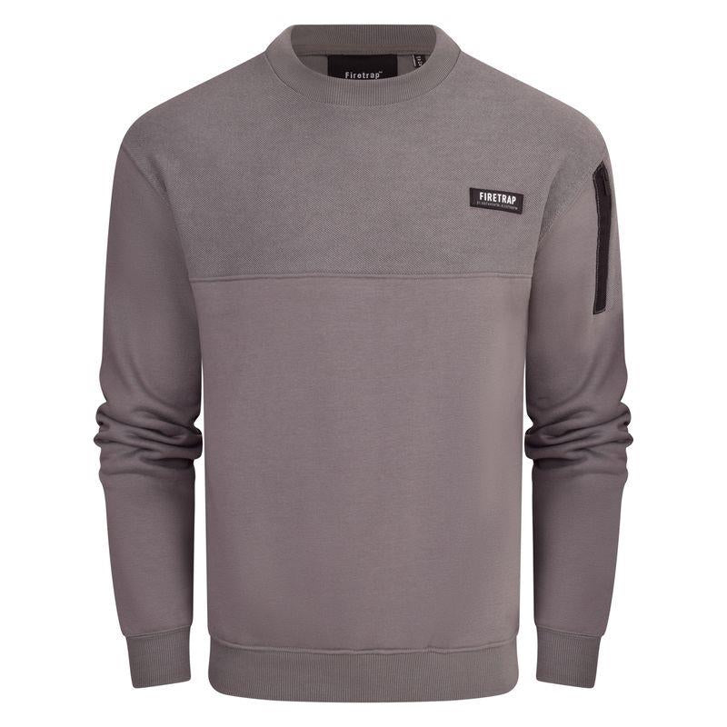 Firetrap Mens Designer Cotton Crew Neck Classic Logo Knitted Sweatshirt Jumper Smart Casual Fleece Sweat Top with Zip Arm Pocket