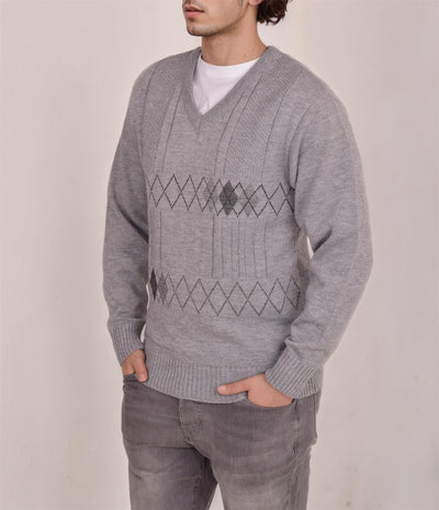 Men's Heavyweight Argyle Knitted Sweater Classic V-Neck Warm Pullover Jumper with Thick Diamond Design Smart Winter Wear