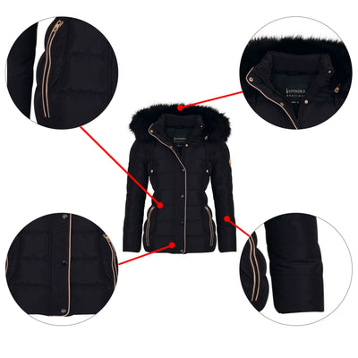 Spindle Womens Ladies Premium Quality Hooded Short Fur Parka Quilted Padded Puffer Coat |  Zip Side Pockets | Luxurious Detachable Faux Fur on Hood | Zipped Inner Pocket