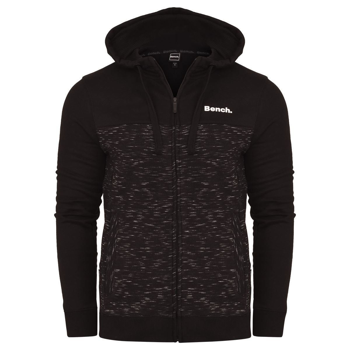 Bench Mens Designer Branded Full Zip Sweatshirt Black Fleece Jumper Hooded Jacket Hood with Pull Cords Zip Thru Top