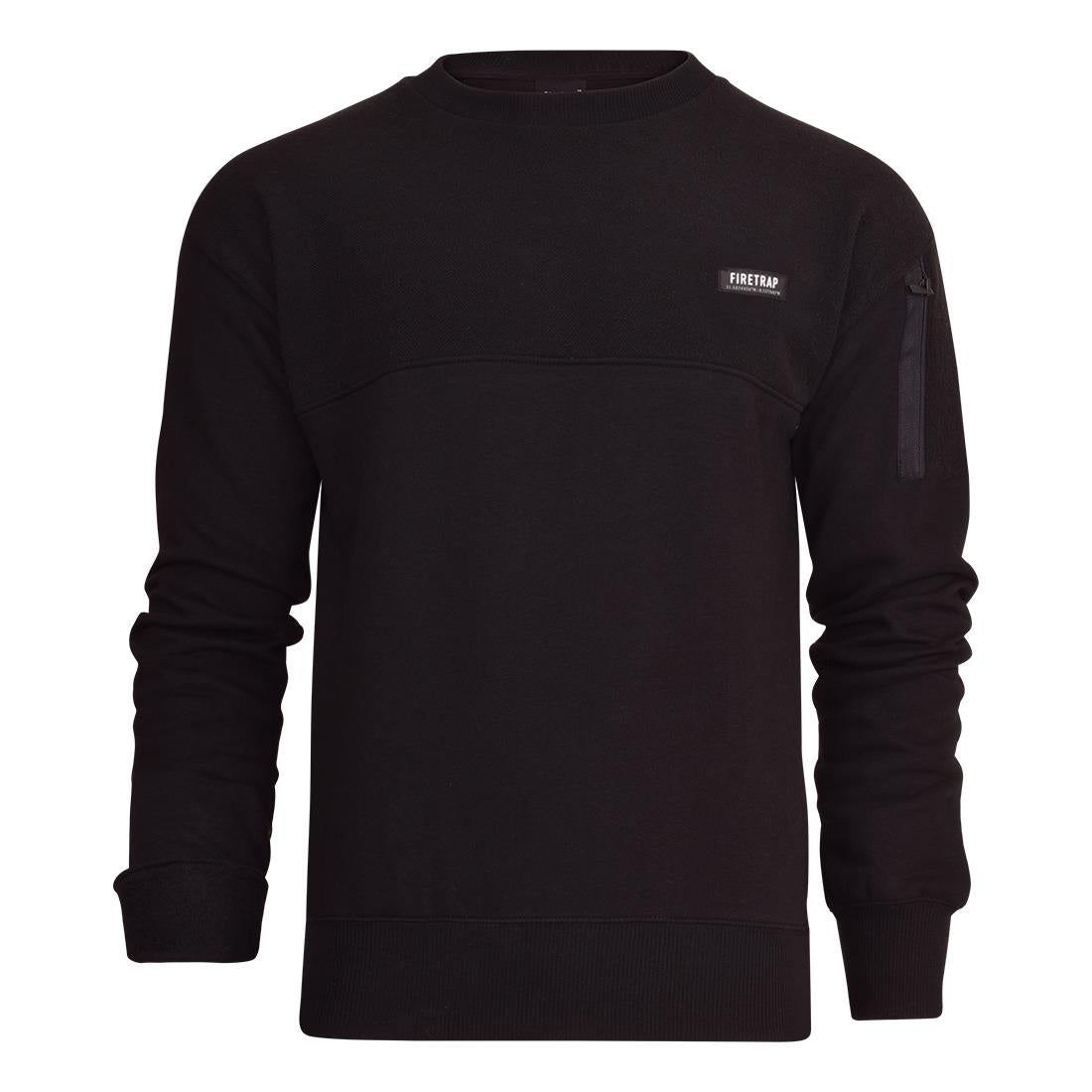 Firetrap Mens Designer Cotton Crew Neck Classic Logo Knitted Sweatshirt Jumper Smart Casual Fleece Sweat Top with Zip Arm Pocket