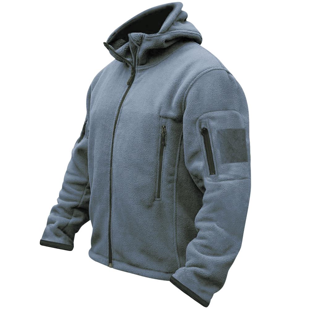 Mens Hooded Tactical Fleece Jacket Military Combat Security Full Zip Windproof Jacket Thick Fleece with 3 Zip Pockets and Velcro Patch to Arm. Guaranteed Warmth