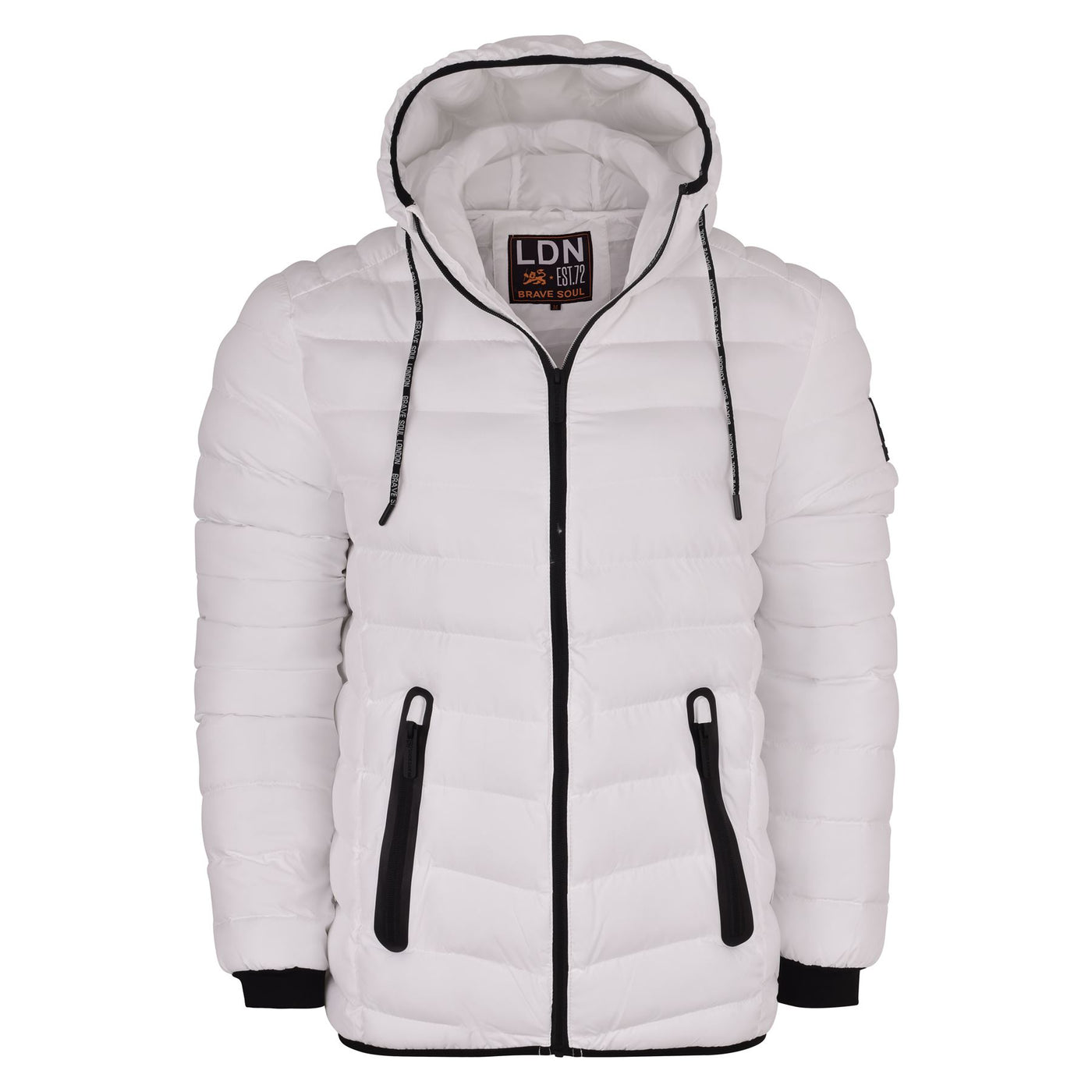 BRAVE SOUL Mens White Hooded Puffer Jacket Quilted Padded Bubble Coat Zip Pockets