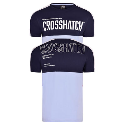 Mens Crosshatch Contrast Panel T-Shirt Raised Print Tee Crew Neck Short Sleeve
