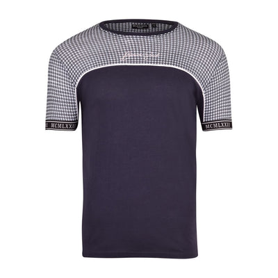Mens Houndstooth Check Contrast Panel T-Shirt Crew Neck Short Sleeve Tee Top