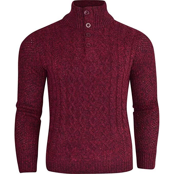 Secolo Mens Designer Button Front Jumper Funnel Neck ‘Cable Knit’ Sweater Knitwear Pullover