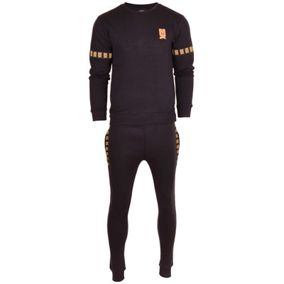 MX360 Mens Black and Gold Tracksuit Set Fleece Crew Neck Round Neck Top with Jogging Bottom Pockets Gym Casual Sports