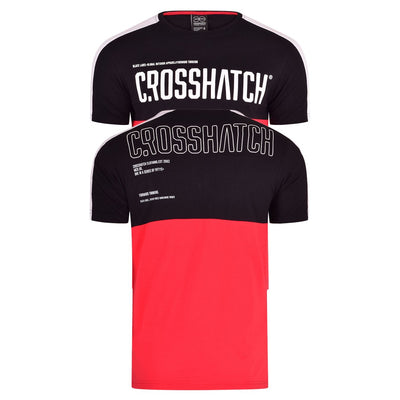 Mens Crosshatch Contrast Panel T-Shirt Raised Print Tee Crew Neck Short Sleeve