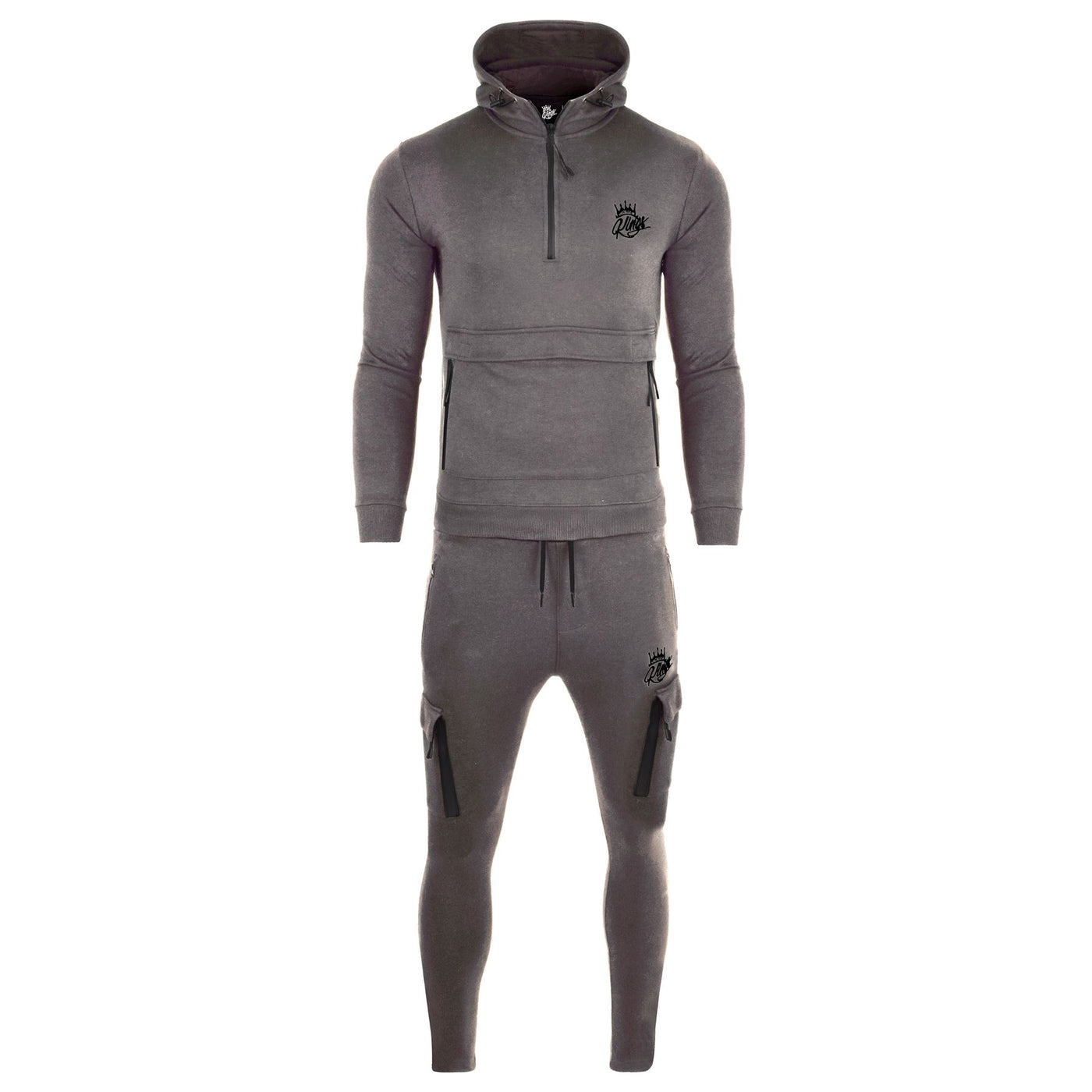 Men's 1/4 Zip Hooded Tracksuit Cargo Zip Pockets Embroidered Logo Joggers