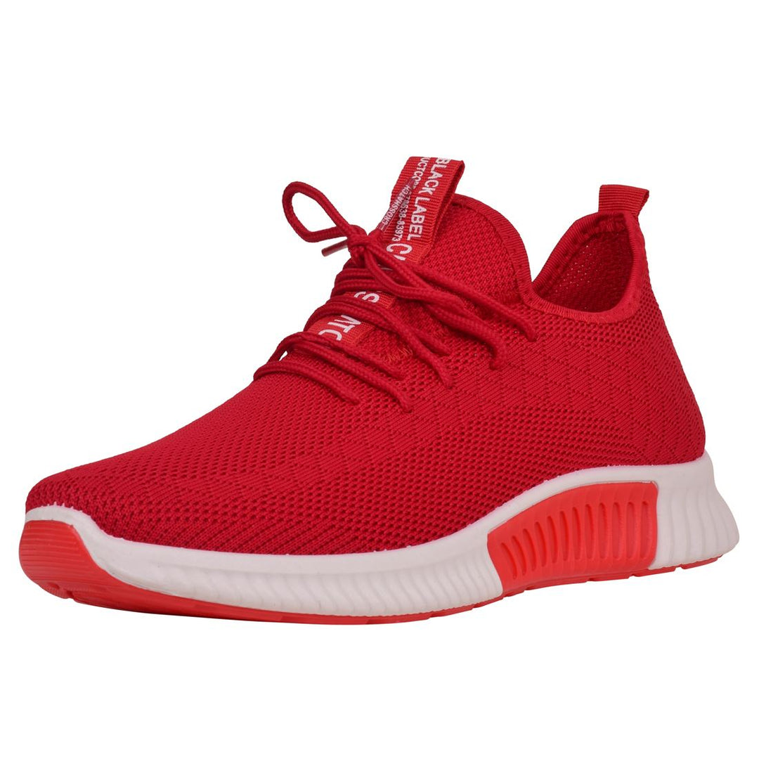 Men's Crosshatch Elasticated Fly-knit Trainers Lace Up Color Sole Sneakers-  Red