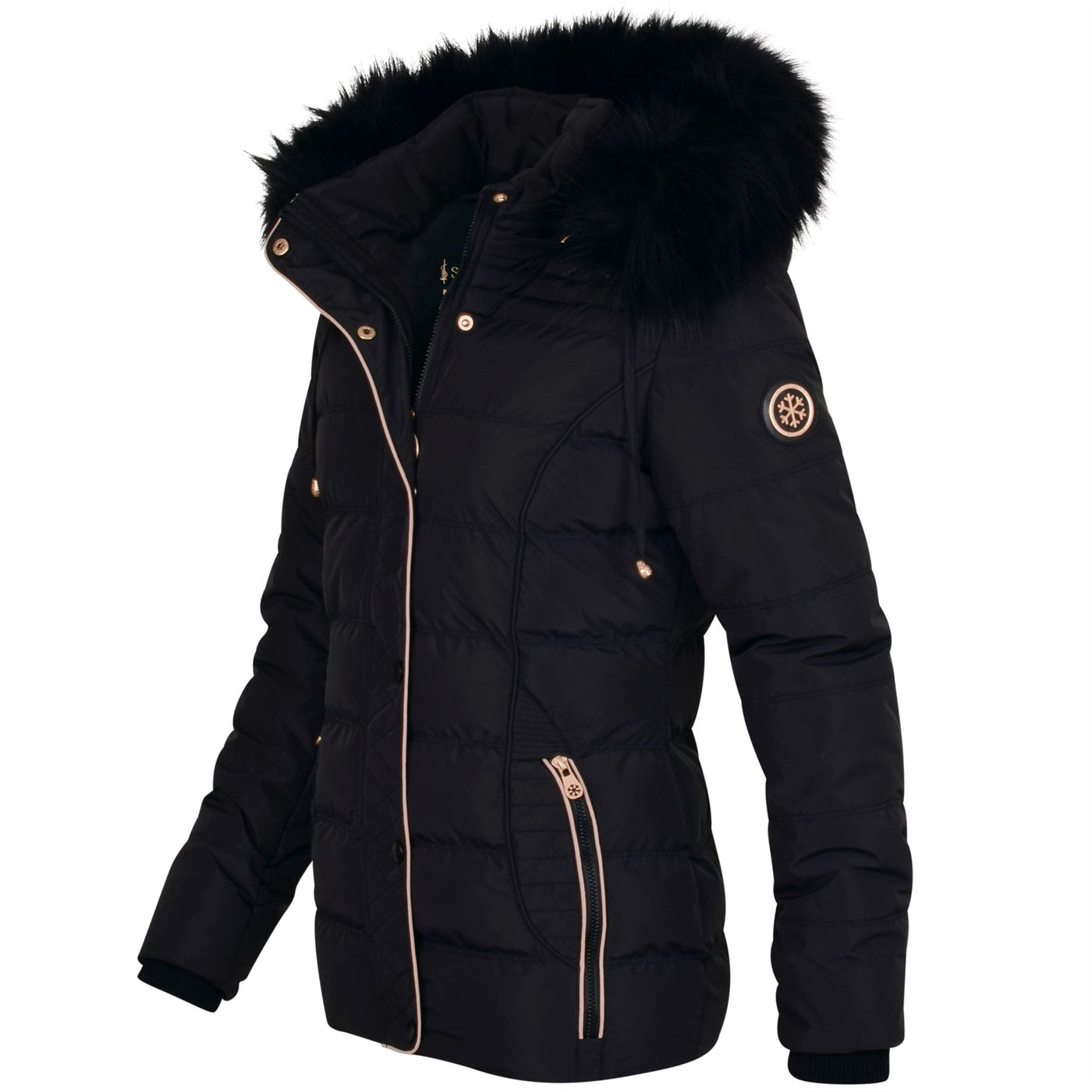 Spindle Womens Ladies Premium Quality Hooded Short Fur Parka Quilted Padded Puffer Coat | Zip Side Pockets | Luxurious Detachable Faux Fur on Hood | Zipped Inner Pocket Black