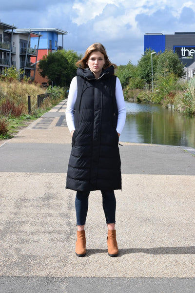 Spindle Ladies Gilet Hooded Long Padded Jacket Womens Quilted Coat Zip Side Pockets, Inner Pocket