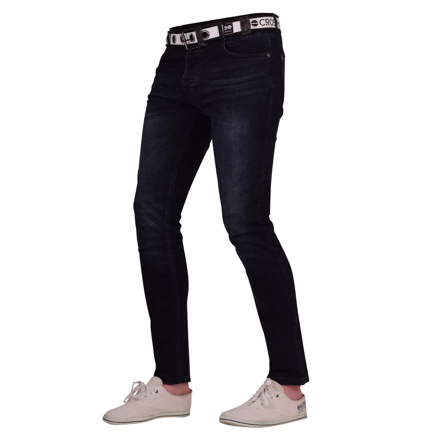 Crosshatch Mens Slim Fit Jeans Free Belt Button Fly Straight Leg Designer Denim